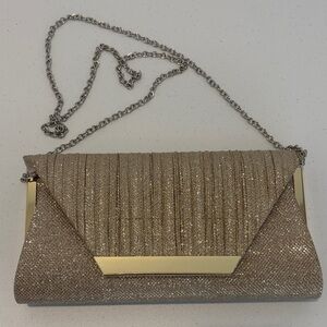 Metallic Gold Evening Clutch purse gold tone trim contrast silver tone strap